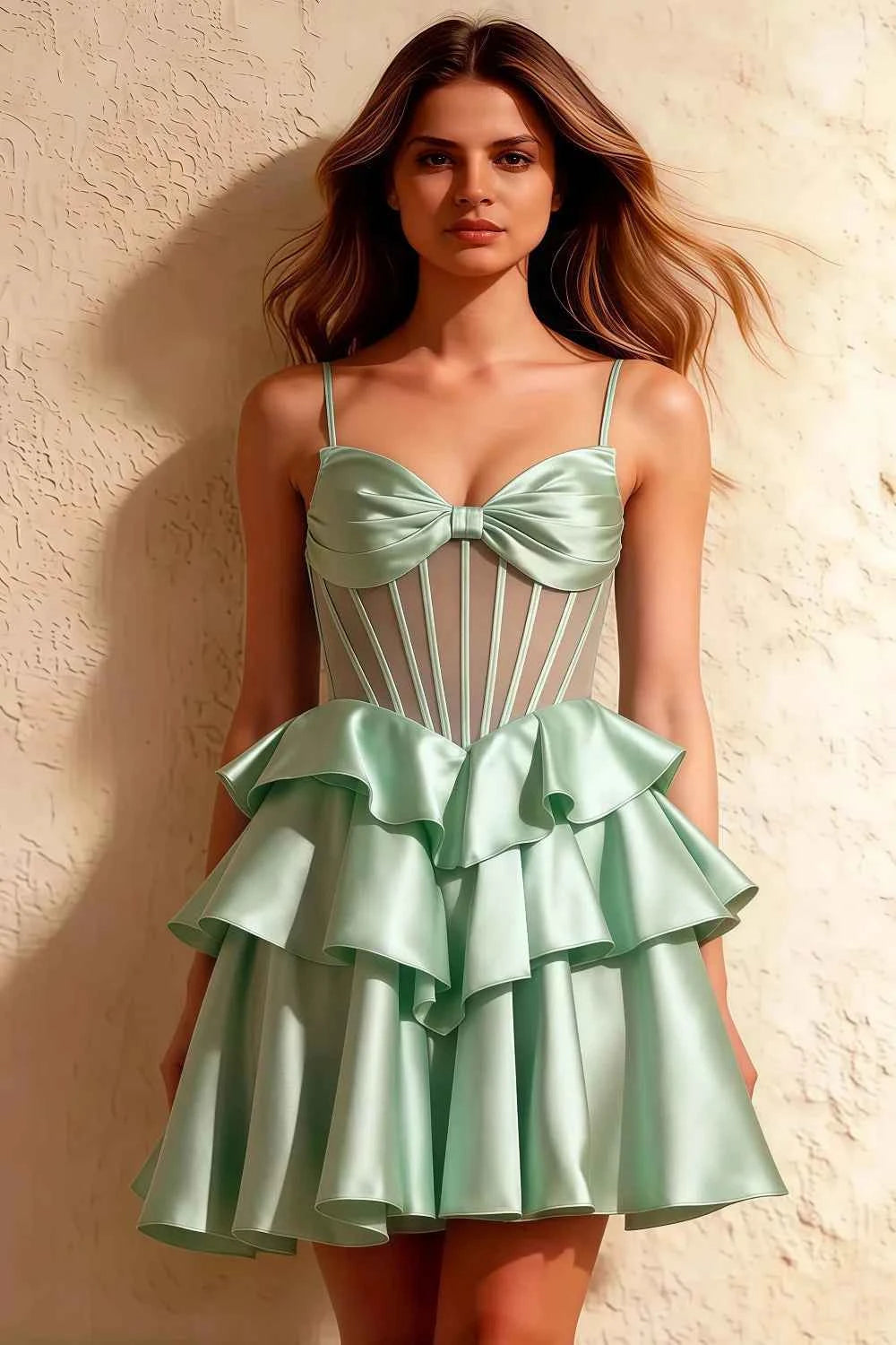 Esther Light Green Mini Dress with Bow for Homecoming