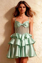 Esther Light Green Mini Dress with Bow for Homecoming