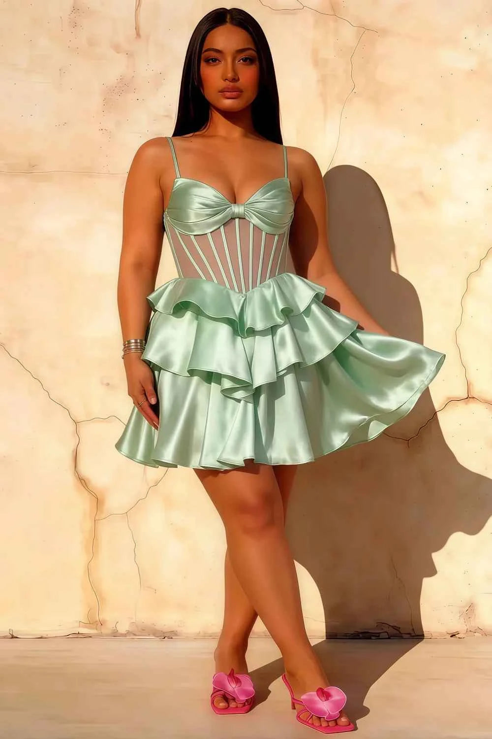 Esther Light Green Mini Dress with Bow for Homecoming