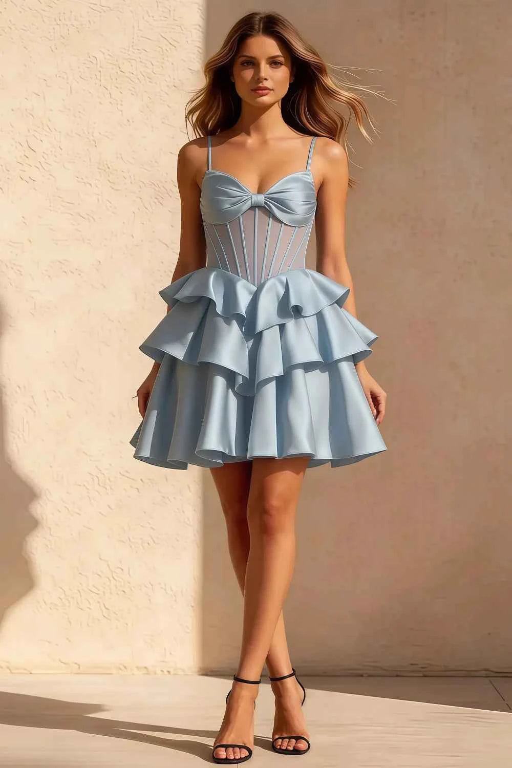 Esther Light Blue Mini Dress With Bow | Tiered Ruffle Party Dress Main image