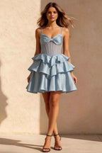 Esther Light Blue Mini Dress With Bow | Tiered Ruffle Party Dress