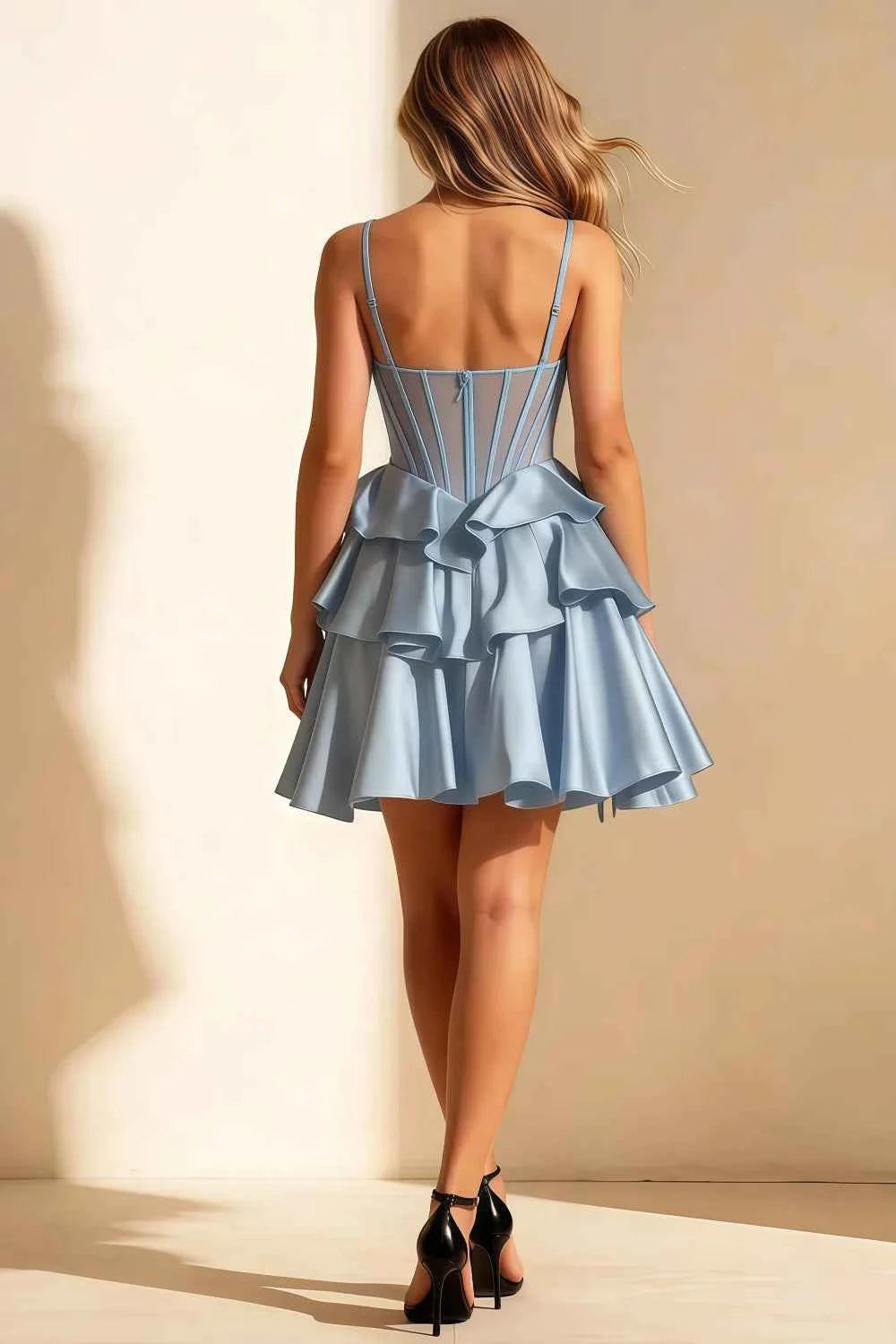 Esther Light Blue Mini Dress With Bow | Tiered Ruffle Party Dress