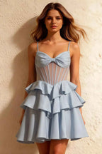 Esther Light Blue Mini Dress With Bow | Tiered Ruffle Party Dress