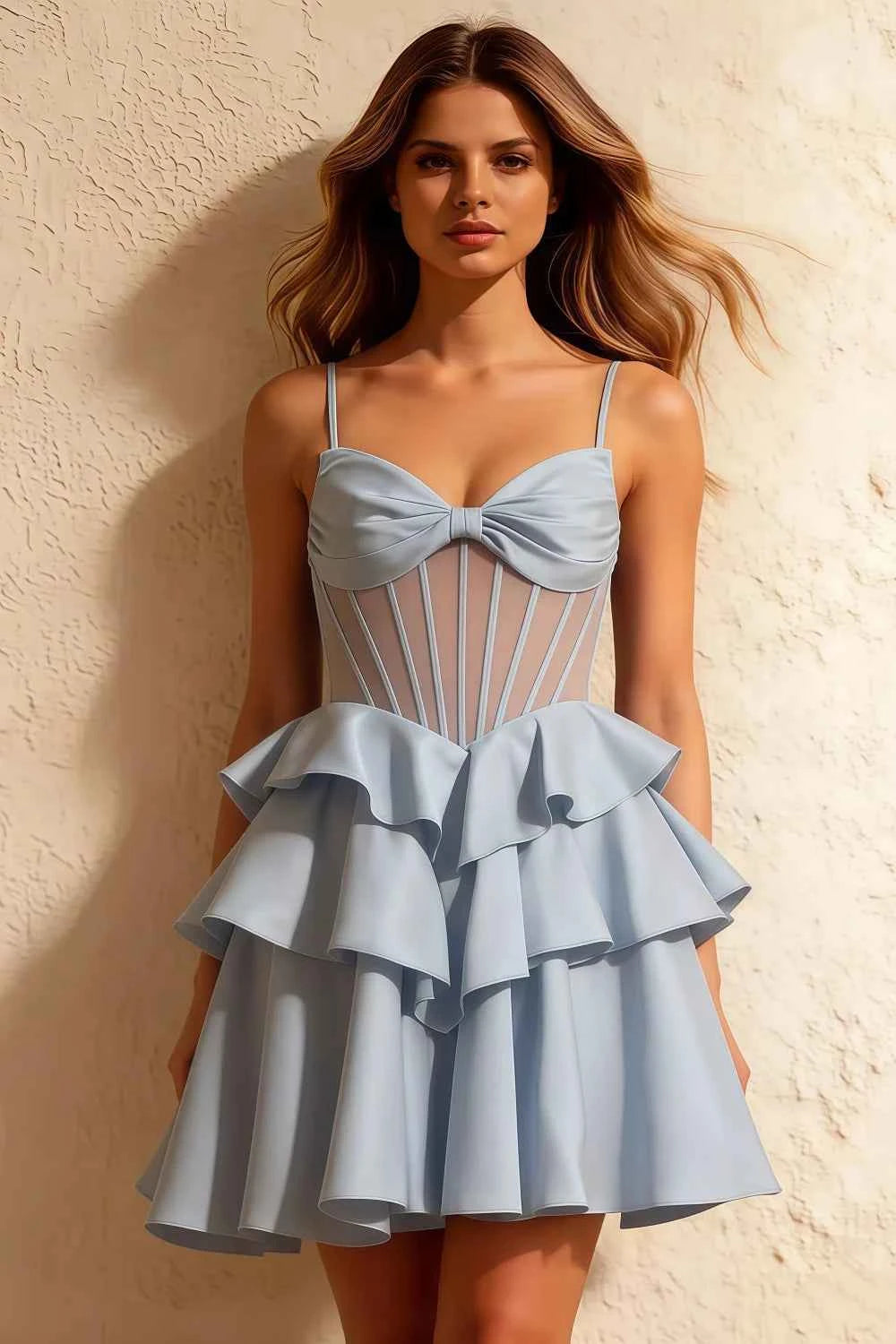 Esther Light Blue Mini Dress With Bow | Tiered Ruffle Party Dress