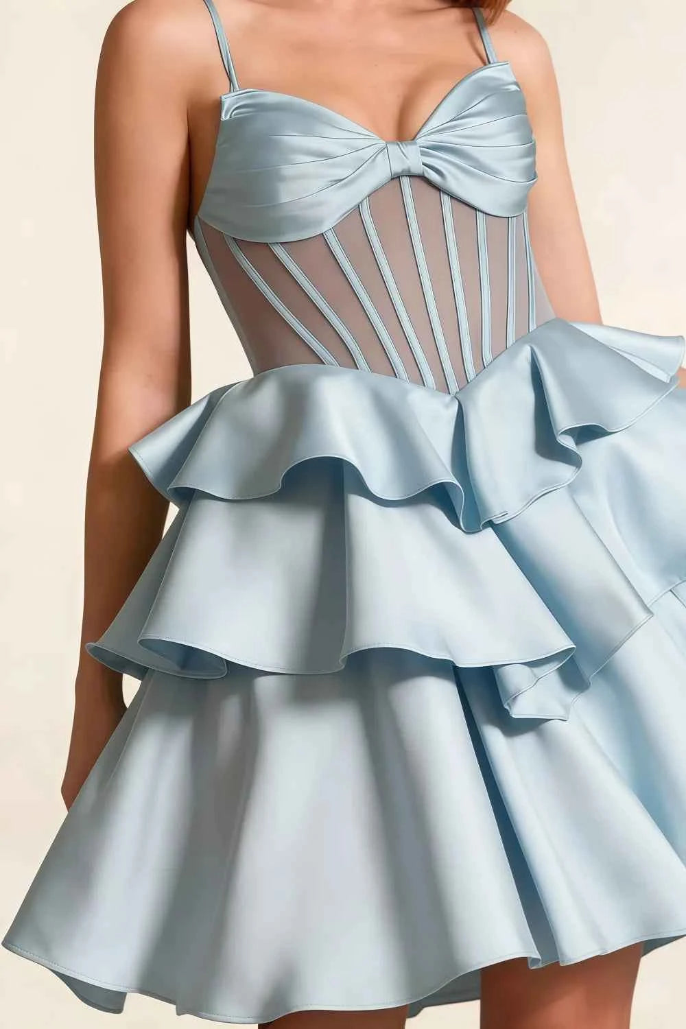 Esther Light Blue Mini Dress With Bow | Tiered Ruffle Party Dress