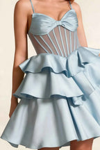 Esther Light Blue Mini Dress With Bow | Tiered Ruffle Party Dress