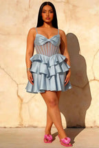 Esther Light Blue Mini Dress With Bow | Tiered Ruffle Party Dress