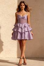 Esther Lilac Bow Mini Dress | Tiered Ruffle Homecoming Gown