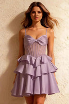 Esther Lilac Bow Mini Dress | Tiered Ruffle Homecoming Gown