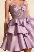Esther Lilac Bow Mini Dress | Tiered Ruffle Homecoming Gown