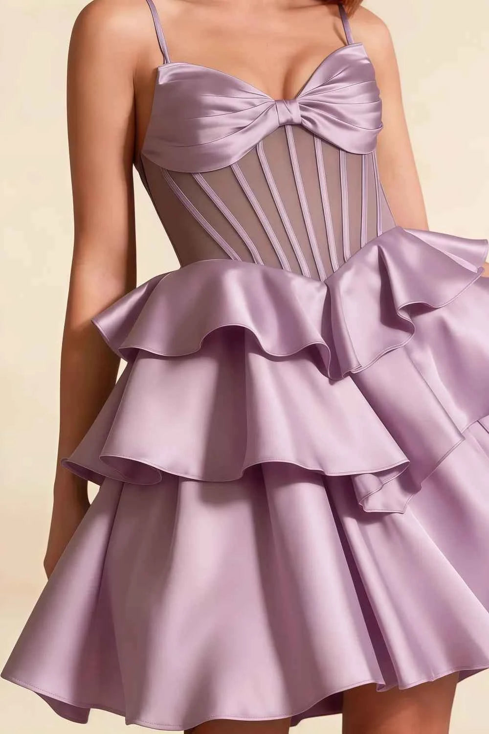 Esther Lilac Bow Mini Dress | Tiered Ruffle Homecoming Gown