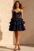 Esther Navy Blue Bow Mini Dress | Corset Ruffle Party Dress