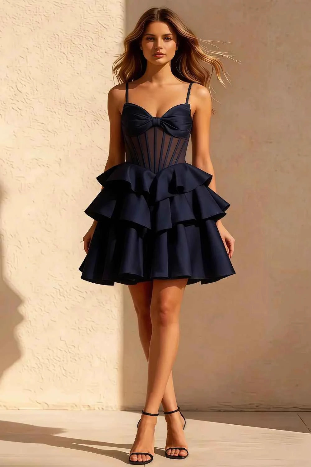 Esther Navy Blue Bow Mini Dress | Corset Ruffle Party Dress