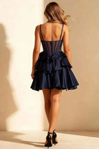 Esther Navy Blue Bow Mini Dress | Corset Ruffle Party Dress