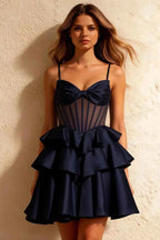 Esther Navy Blue Bow Mini Dress | Corset Ruffle Party Dress