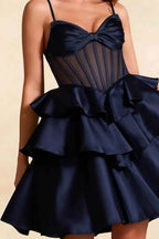 Esther Navy Blue Bow Mini Dress | Corset Ruffle Party Dress
