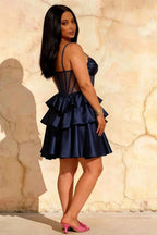 Esther Navy Blue Bow Mini Dress | Corset Ruffle Party Dress