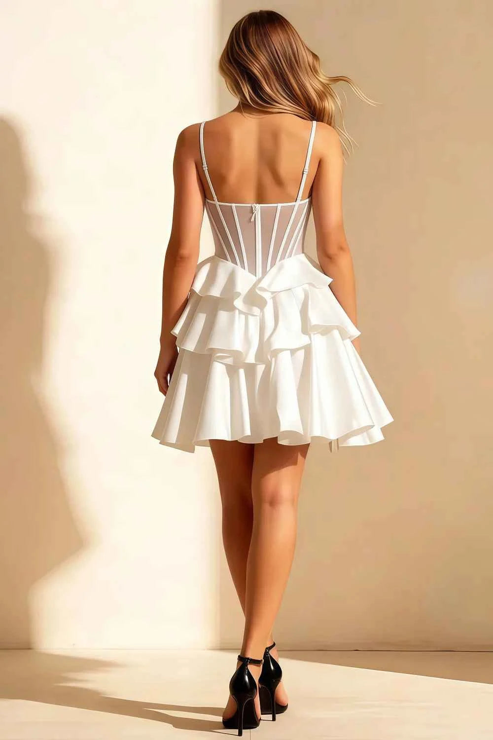 Esther White Mini Dress With Bow | Satin Tiered Party Dress Secondary image