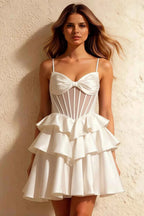 Esther White Mini Dress With Bow | Satin Tiered Party Dress