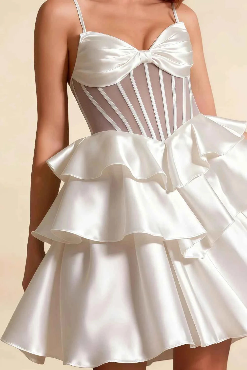 Esther White Mini Dress With Bow | Satin Tiered Party Dress