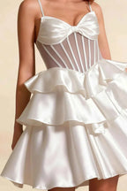 Esther White Mini Dress With Bow | Satin Tiered Party Dress