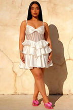 Esther White Mini Dress With Bow | Satin Tiered Party Dress