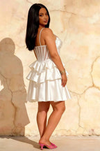 Esther White Mini Dress With Bow | Satin Tiered Party Dress