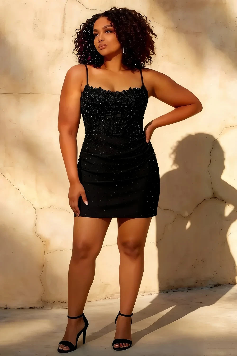 Faith Black Lace Rhinestone Mini Sheath Dress