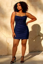 Faith Navy Blue Sheath Mini Dress - Lace & Rhinestone Party Look