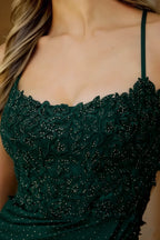 Faith Emerald Green Sheath Mini Dress - Rhinestone Leaf Lace