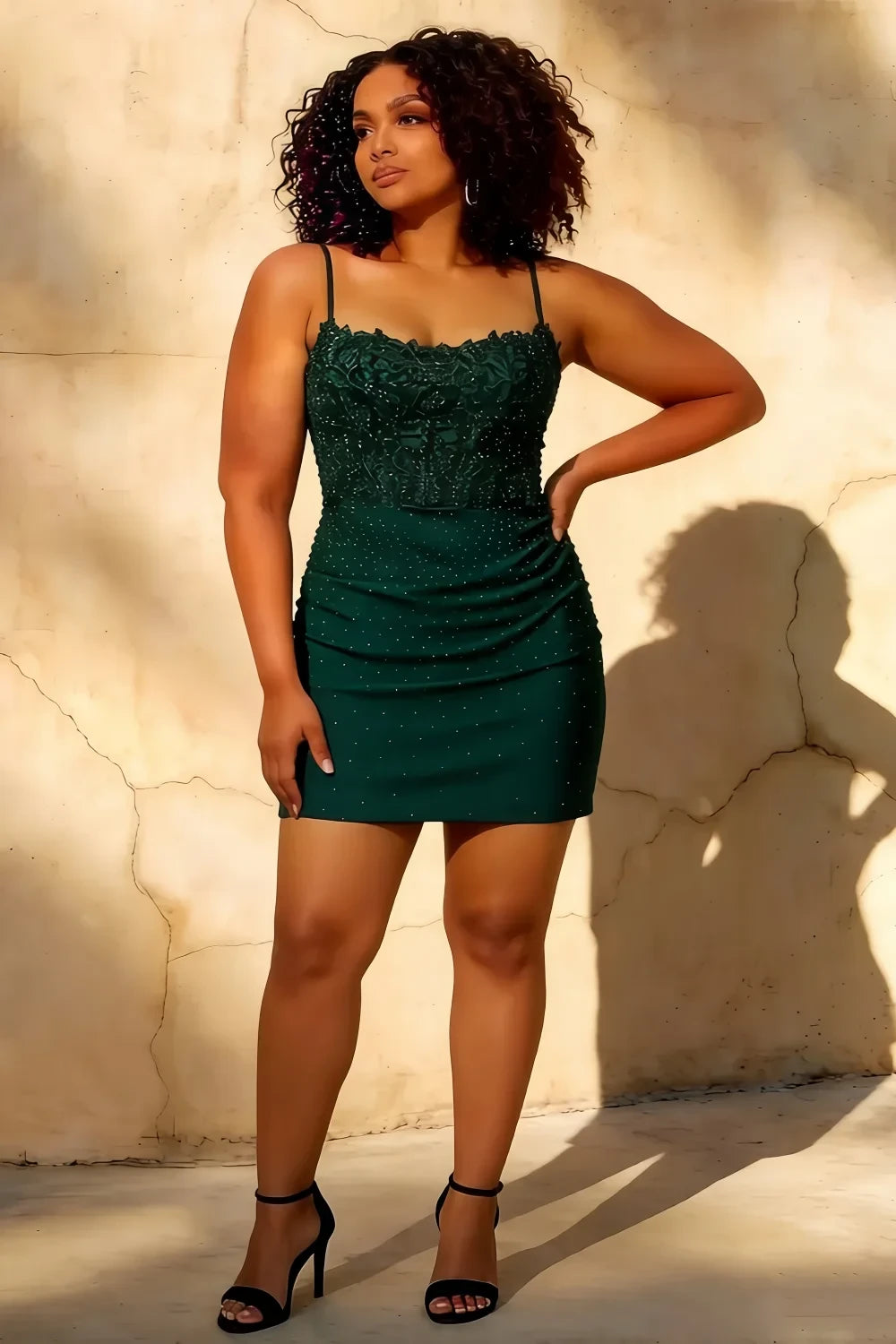 Faith Emerald Green Sheath Mini Dress - Rhinestone Leaf Lace