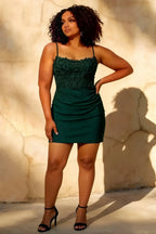 Faith Emerald Green Sheath Mini Dress - Rhinestone Leaf Lace