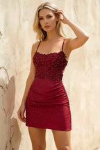 Faith Burgundy Red Sheath Mini Dress | Lace Corset Homecoming