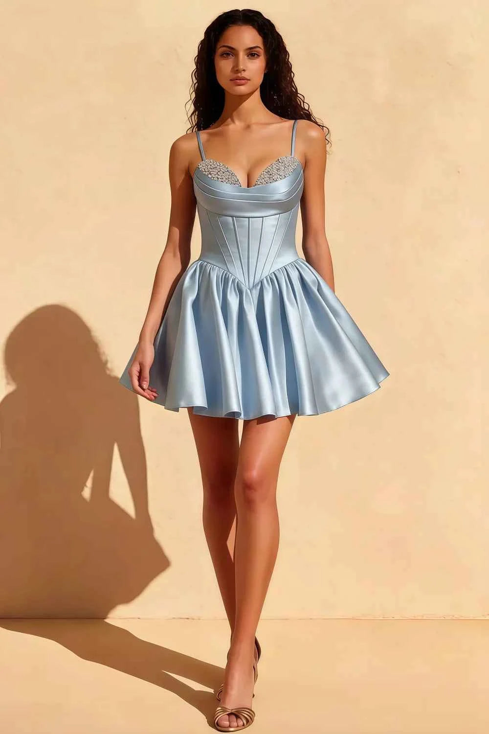 Felicia Beaded Blue Mini Dress | Satin Corset Homecoming Gown