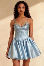 Felicia Beaded Blue Mini Dress | Satin Corset Homecoming Gown