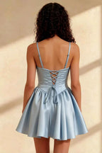 Felicia Beaded Blue Mini Dress | Satin Corset Homecoming Gown