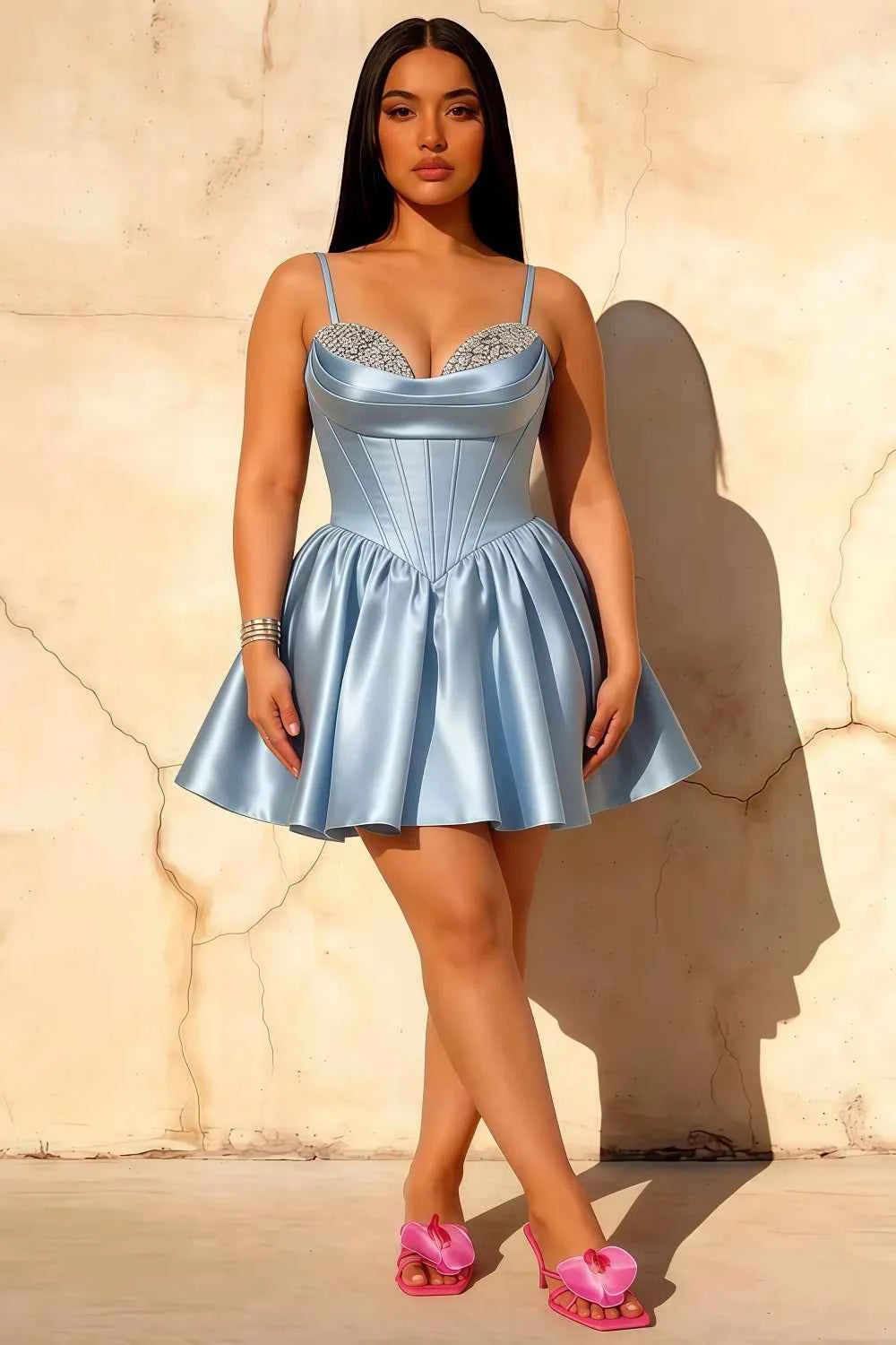Felicia Beaded Blue Mini Dress | Satin Corset Homecoming Gown