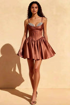 Felicia Bronze Satin Corset Mini Beaded Dress