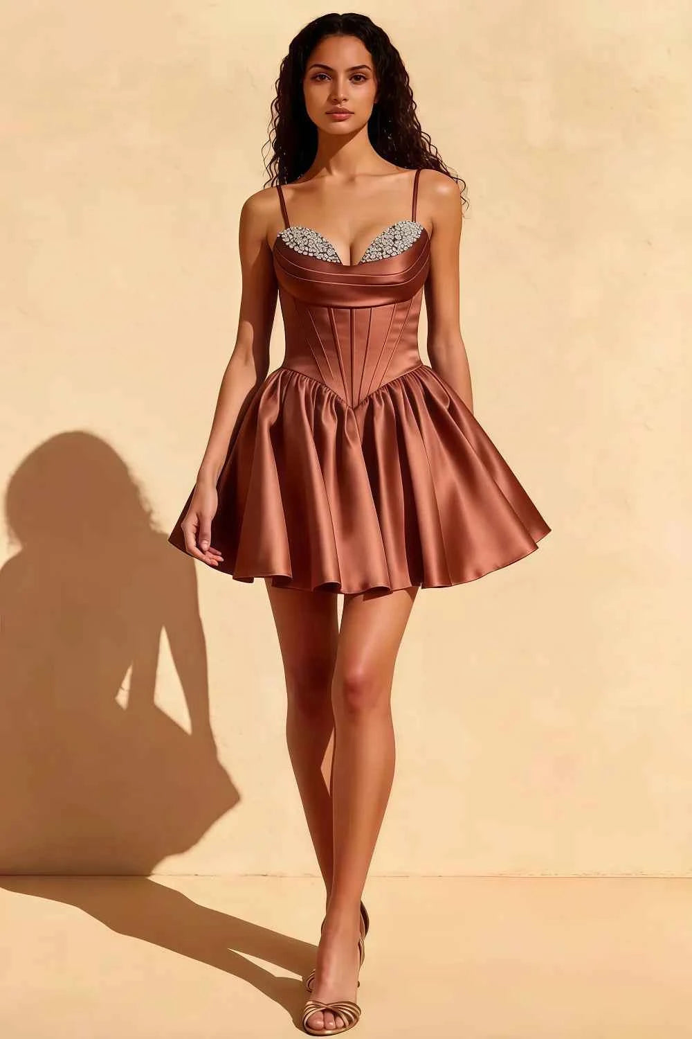 Felicia Bronze Satin Corset Mini Beaded Dress