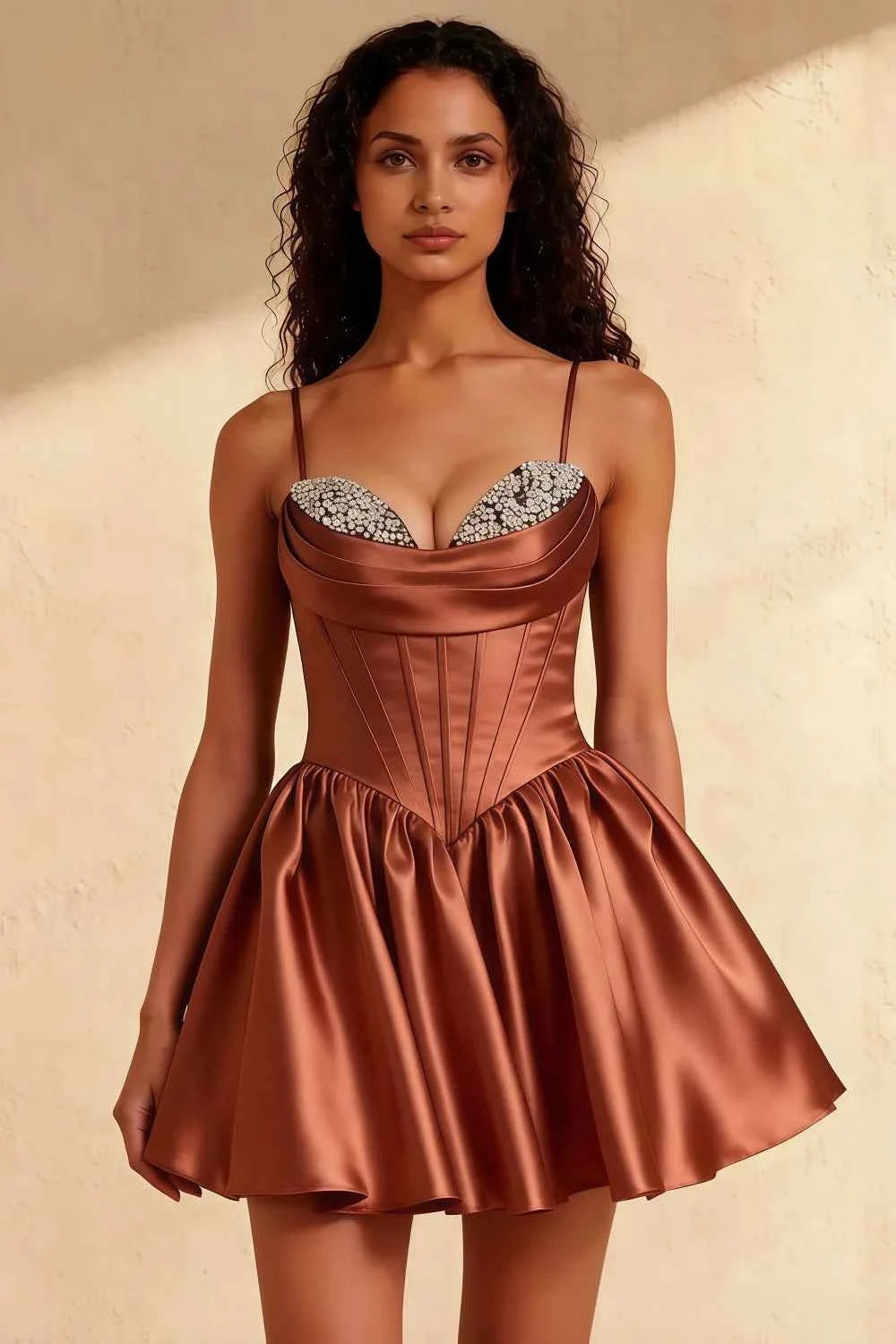 Felicia Bronze Satin Corset Mini Beaded Dress