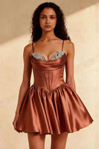 Felicia Bronze Satin Corset Mini Beaded Dress