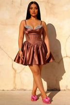 Felicia Bronze Satin Corset Mini Beaded Dress