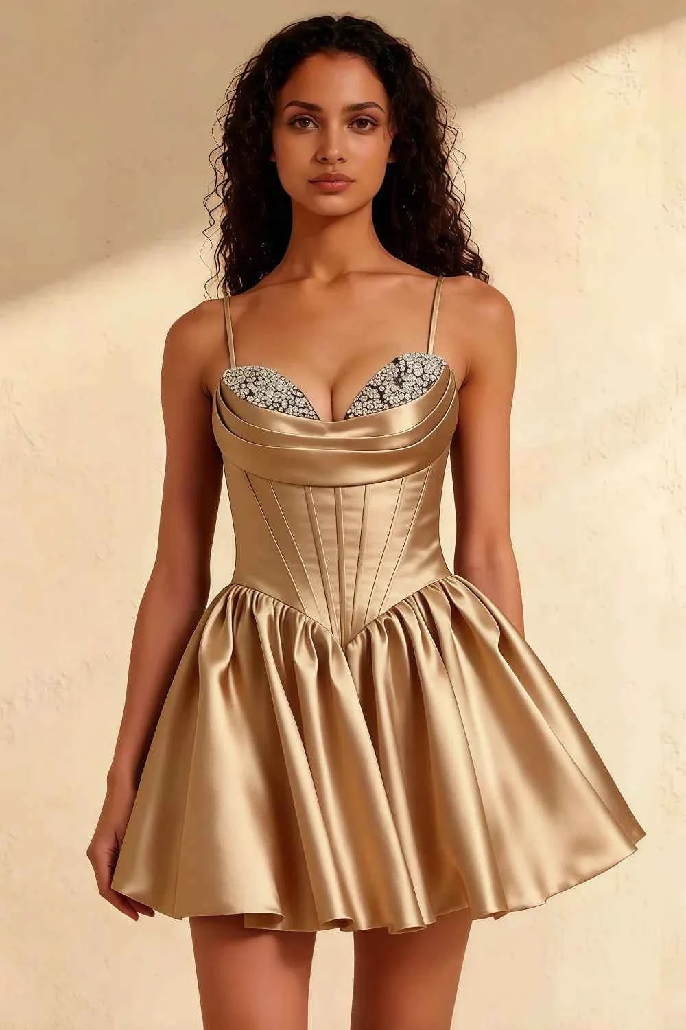 Felicia Champagne Beaded Mini Dress | Satin Corset Homecoming Dress