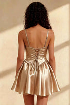 Felicia Champagne Beaded Mini Dress | Satin Corset Homecoming Dress