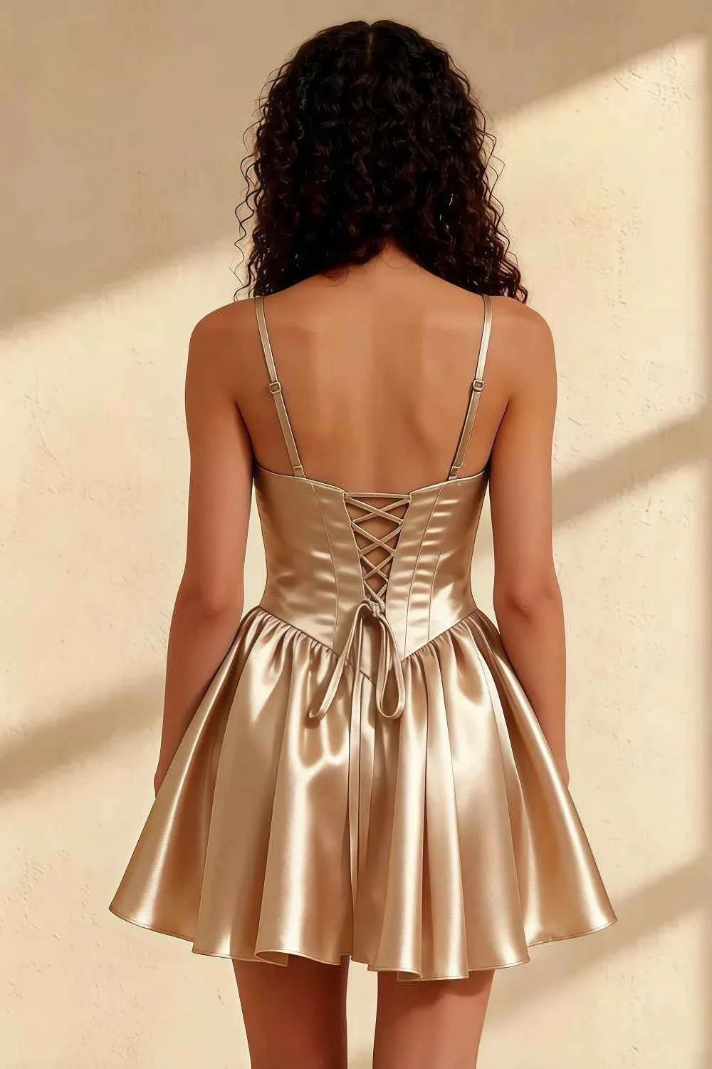 Felicia Champagne Beaded Mini Dress | Satin Corset Homecoming Dress
