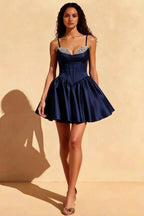 Felicia Dark Blue Embellished Beaded Mini Dress for Homecoming