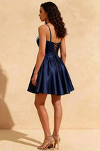 Felicia Dark Blue Embellished Beaded Mini Dress for Homecoming