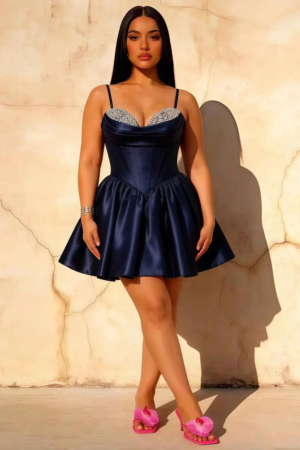 Felicia Dark Blue Embellished Beaded Mini Dress for Homecoming