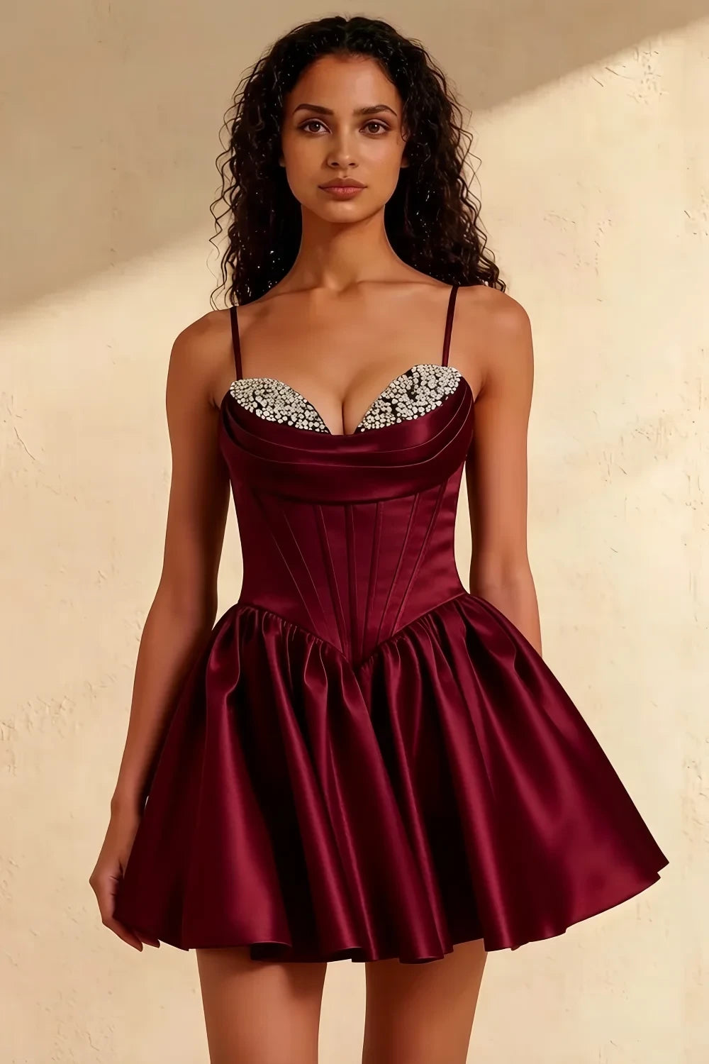 Felicia Burgundy Beaded Mini Dress - Dulsea Satin Corset Gown