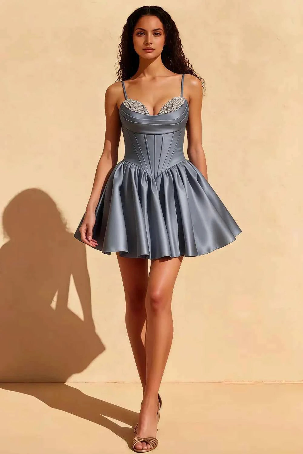 Felicia Dusty Blue Spaghetti Beaded Short Mini Dress